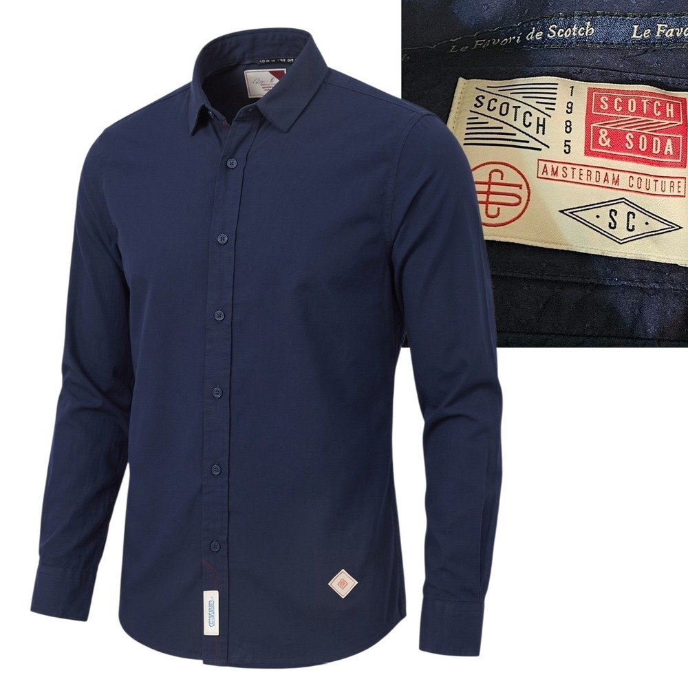 Scotch & Soda SEERSUCKER Navy Blue Long Sleeve Slim Button-Down Shirt Small